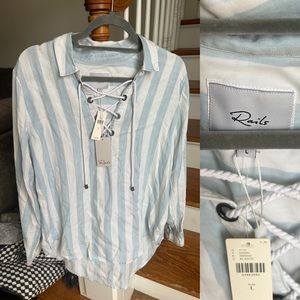 Rails LS, V-Neck Blouse w/ ties. Chambray Blue & White Stripe. NWT - Anthro. 🎉